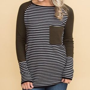 Olive and black color block stripe top